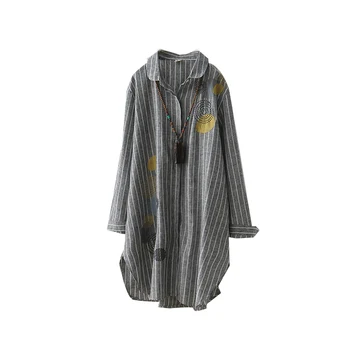 

2019 spring new women blouse and shirts vintage long striped gray lady all match shirts outwear coat tops