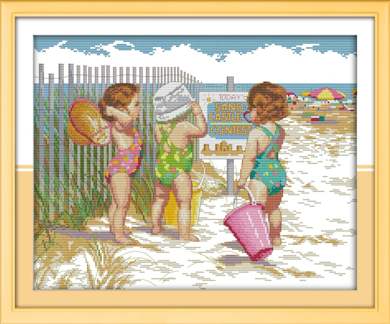 

Babies Play Beach Baby DMC People Set Cross stitch kits Counted 11CT Print Embroidery DIY Handmade Needlework Home Decor Ricamo