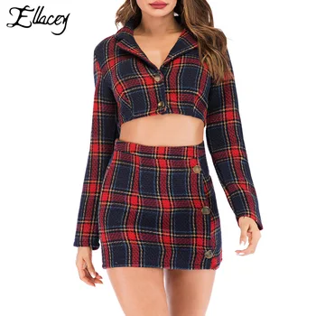 

Ellacey Red Plaid Women's Suit With A Skirt Plaid Crop Top Short Blazer Suit Sexy Lady Single Breasted Mini Skirt Suit 2 Pieces