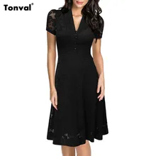 Tonval Womens Dantel Vintage Siyah Elbise Yaz Retro 1950 s Rockabilly Robe Seksi V Boyun Akşam Parti Zarif Salıncak Elbiseler