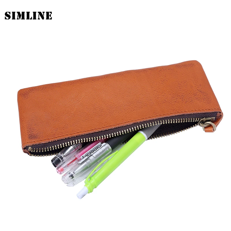 SIMLINE Vintage Genuine Leather Cowhide Zipper Men Man Women Boy Girl Long Pen Pencil Bag Travel