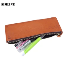 SIMLINE Vintage Véritable de Vache En Cuir Zippée Hommes Homme Femmes Garçon Fille longue Stylo Crayon Sac Voyage Stylo Sacs Titulaire Cas Box École
