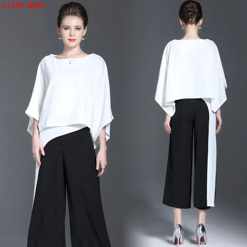 Estilo de pista 2017 Manga Batwing Top de Culturas e Calças Perna Larga de Alta Moda Individualidade 2 Peças Set Roupa Vermelha Branco