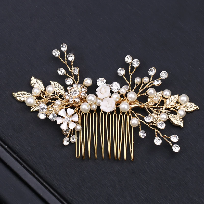 Gold Color Hair Comb And Clips Pearl Rhinestone Wedding Women Hair Jewelry Vintage Handmade
