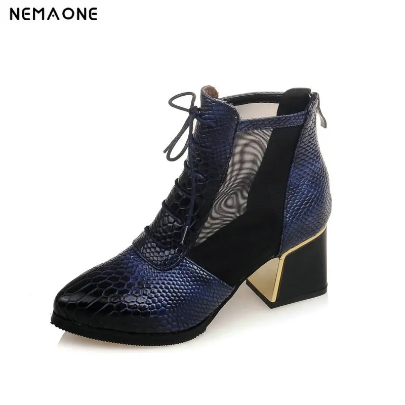 

NEMAONE 2019 Spring Summer New Fashion Pointed Toe Lace Up Mixed Colors Pu Leather Women Ankle Boots Animal Prints Women Pumps