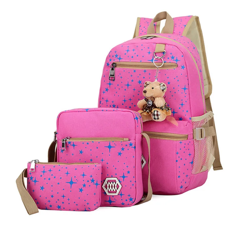 Женские школьные сумки с принтом звезды для девочек и мальчиков, Симпатичные Школьные рюкзаки, детские сумки, 3 шт., школьные сумки с медведем, Mochila - Цвет: rose red