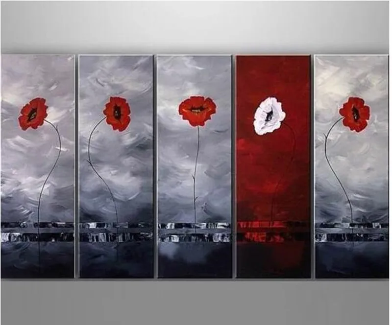 

Hand Painted Modern Abstract Flower Oil Paintings on Canvas Handmade Home Decor Thin Red Floral Pictures 5 Panel Wall Painting