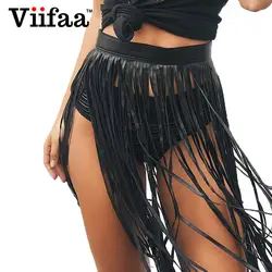 Viifaa черный кисточка юбка из искусственной кожи сексуальная уличная юбки женские летние 2018 Клубная одежда Высокая талия юбка