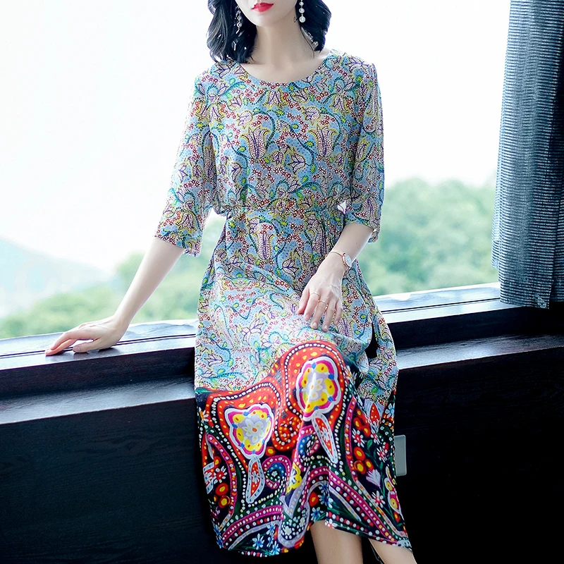 

Azterumi Women Round Neck Floral Print Silk Dress Women's High Waist Half Sleeve A-line Dresses Clothing Vestidos Feminina