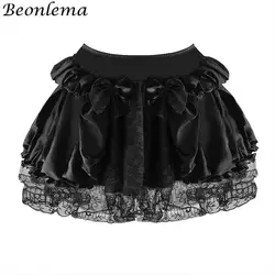 Beonlema оборками Мини юбка кружево Kawaii дамы Облегающие юбки эластичные летние трапециевидной формы Лолита Черный Лук пикантная женская
