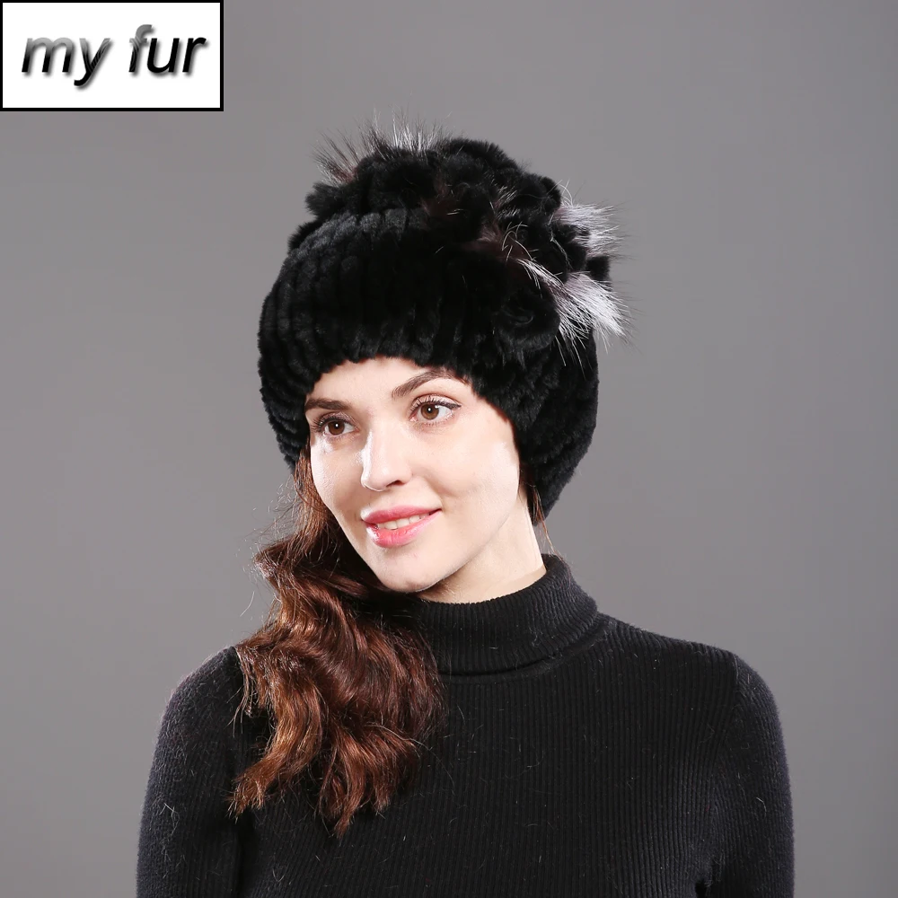 Новинка женская зимняя теплая трикотажная шапка Настоящий мех кролика ручной