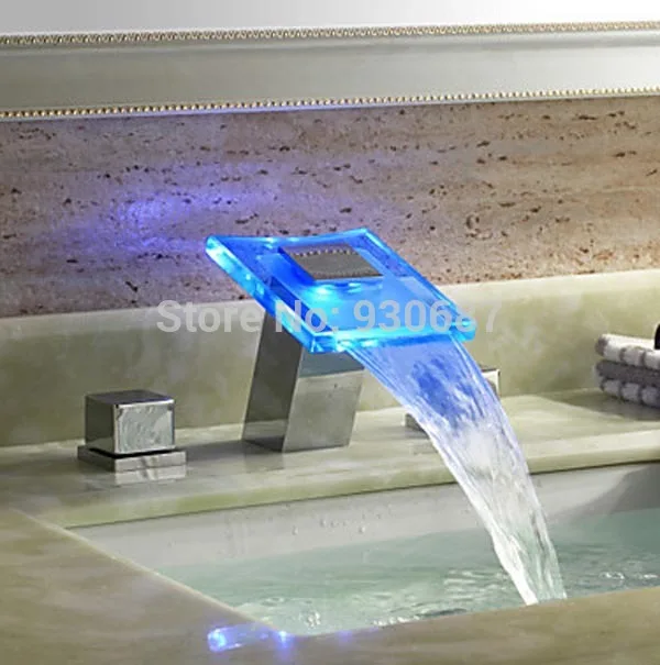 Waterfall LED Color Changing Basin Faucet Dual Handles Mixer Tap Chrome Finish