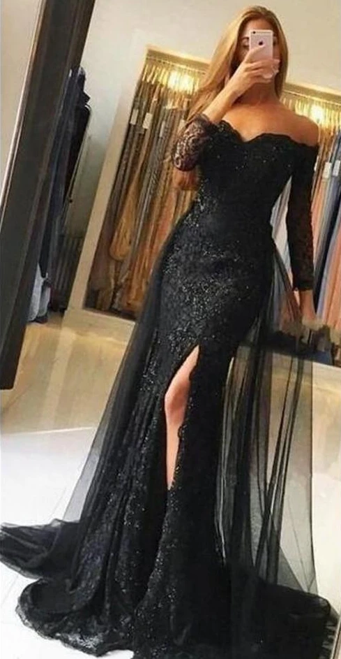 Zwarte Lange Mouwen Mermaid Uit De Schouder Avondjurk Met Afneembare Rok Robe De Soiree Kant Lange Slit Vrouwen Formele jurk Zwarte Lange Mouwen Mermaid Uit De Schouder Avondjurk Met Afneembare Rok Robe De Soiree Kant Lange Slit Vrouwen Formele jurk