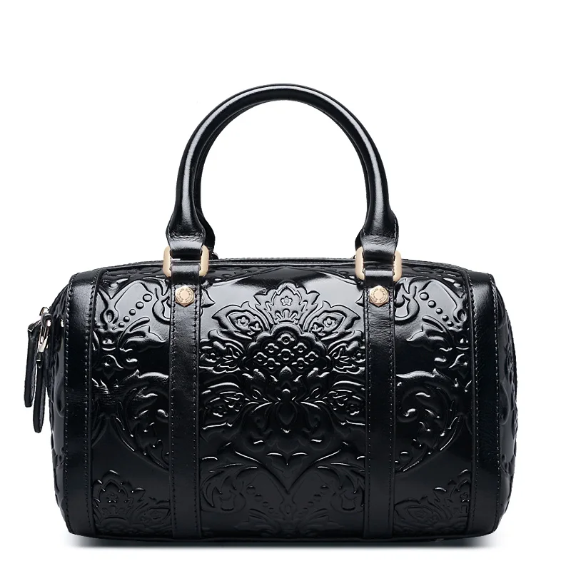 

QISUFashion floral cow Leather handbags embossed vintage satchels women's tote bags