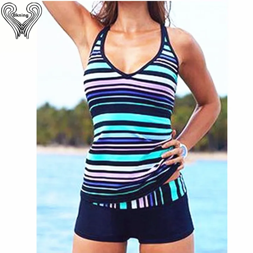 Image 2016 New Sporty Striped Swimsuit Plus Size Halter Top Padded two piece suits Women Sportswear Swimwear Board Bottom Beach Wear