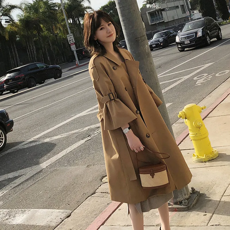 

2019 Spring Autumn Trench Coat Women Fashion Casual Three Quarter Flare Sleeve Double Breasted Overcoat Lady Long Windbreaker