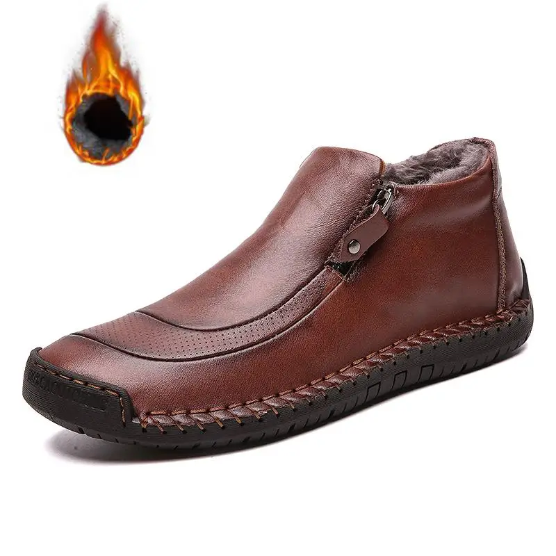 Зимние новые мужские зимние ботинки, сохраняющие тепло высококачественные кожаные мужские ботильоны, мужские ботинки на меху, осенняя мужская обувь большого размера 48 - Цвет: Brown  Add cotton