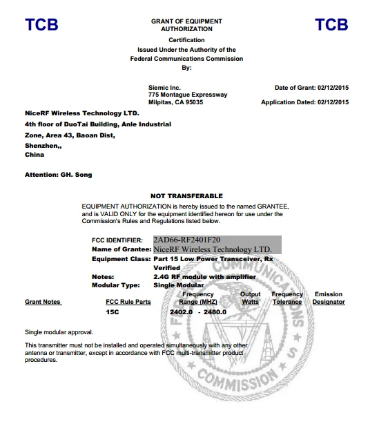 FCC certification for RF2401F20