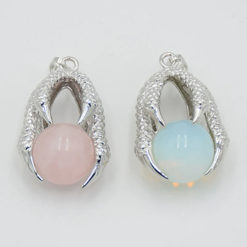 

Silver Plated 16mm Natural Round Bead Stone Dragon Claw Necklaces Pendant Pink Crystal Quartz Women Men Yoga Gothic Jewelry Gift