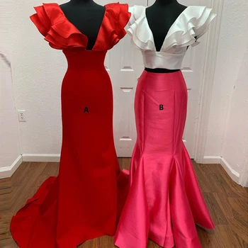 

Two Styles Mermaid Red Prom Dresses Long 2019 Open Back Luxury Satin Sexy Backless African Black Girls Formal Party Gowns