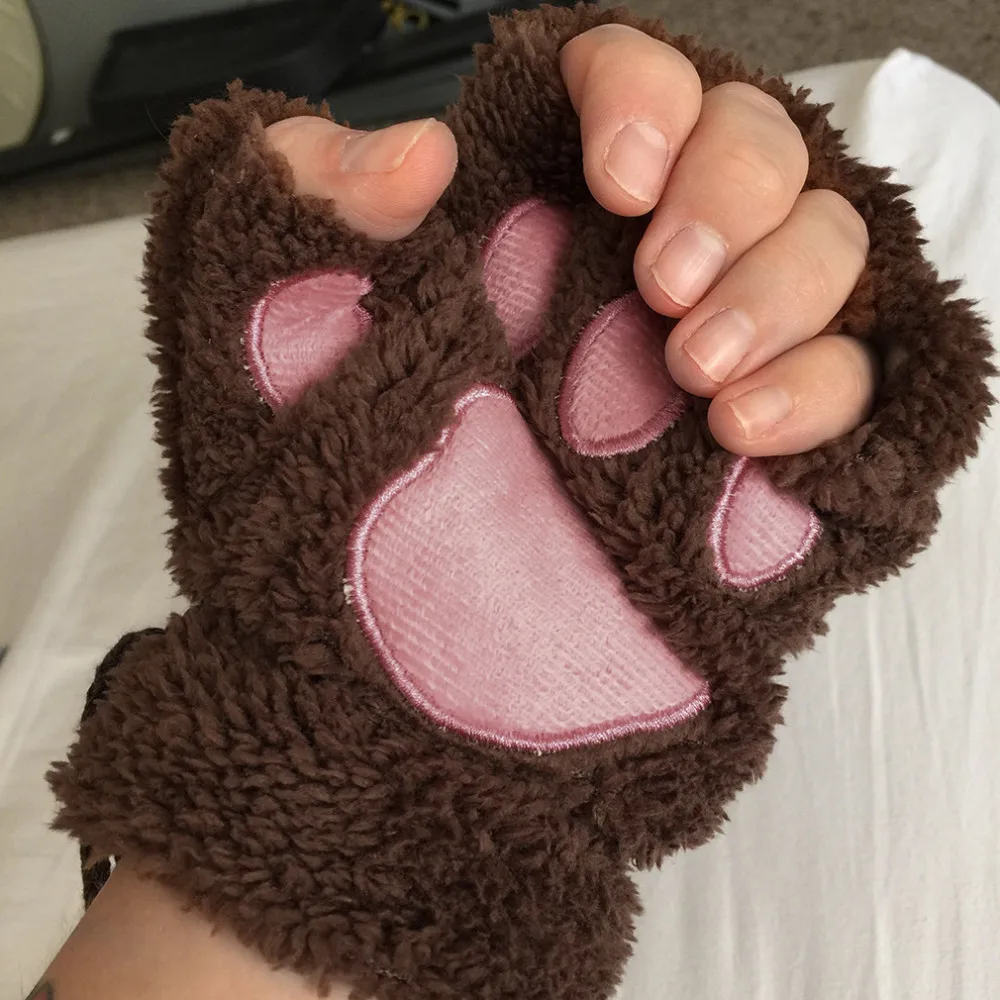 Теплые плюшевые перчатки без пальцев пушистые медвежьи когти/кошачьи лапы мягкие теплые милые женские перчатки на половину пальца