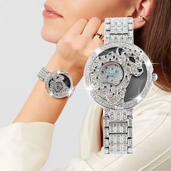 

Watch Women Luxurious Unique Leopard Pattern Diamond-encrusted Quartz Silver Alloy Skeleton WristWatches For Ladies Reloj Mujer