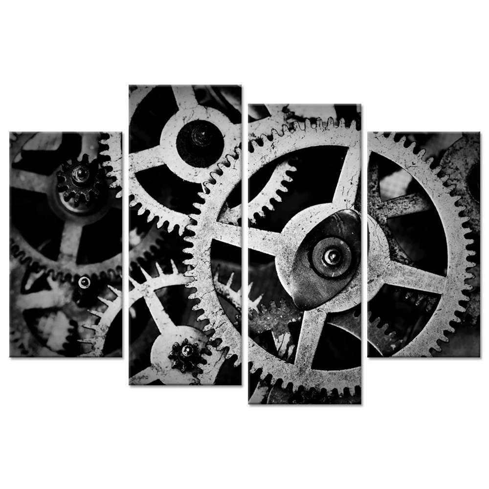 4 Panel Canvas Wall Art Mechanical Gear And Cogs Old Factory Painting Engineer Architecture