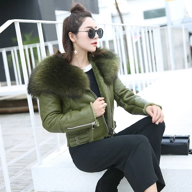 genuine sheepskin leather jacket with raccoon fur collar (1)
