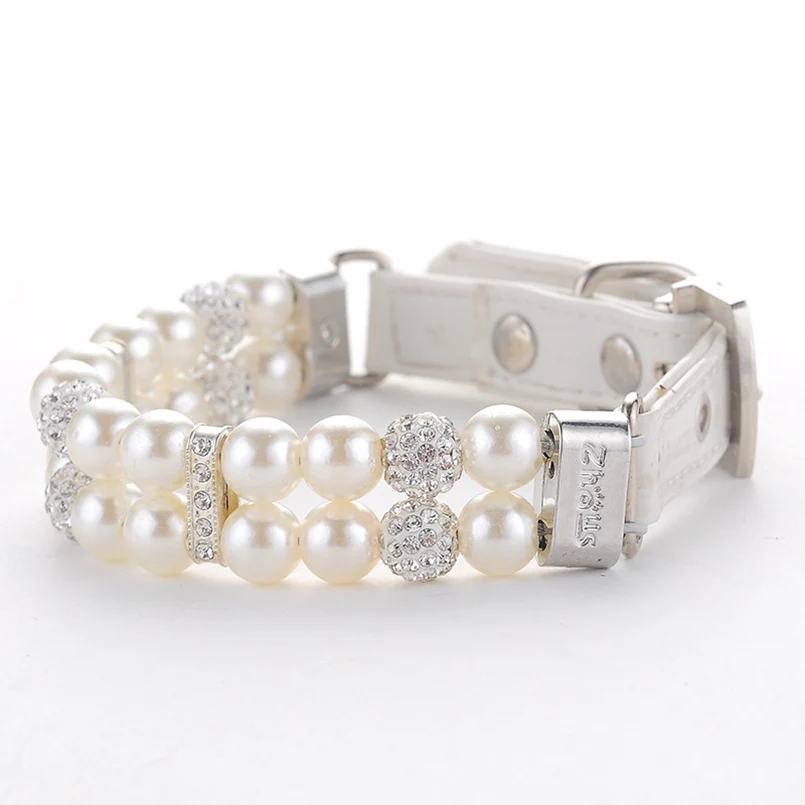 

Bling Rhinestone Pet Dog Collars Adjustable Leather Cat Necklace Pearl Studded Collar For Chihuahua Teddy Diamante Buckle