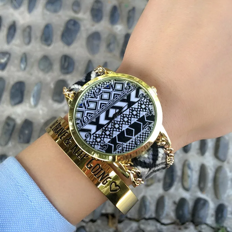Aztec Мода Красочные Плетеный ручной работы Женева Для женщин кварцевые часы, новые Стиль дружбы Часы браслет Для женщин кварцевые часы