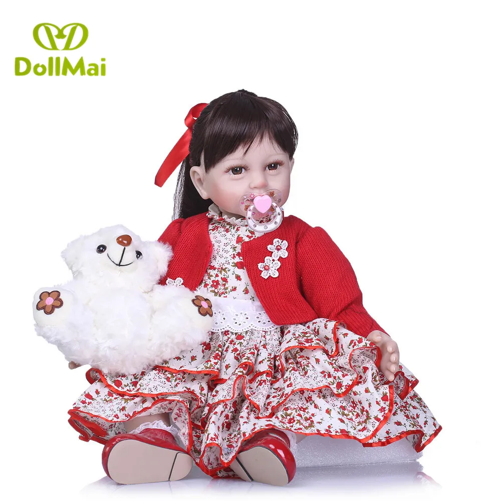 

Reborn girl dolls 22"55cm red dress silicone reborn baby dolls newborn toddler princess doll with bear plush bebe boneca reborn