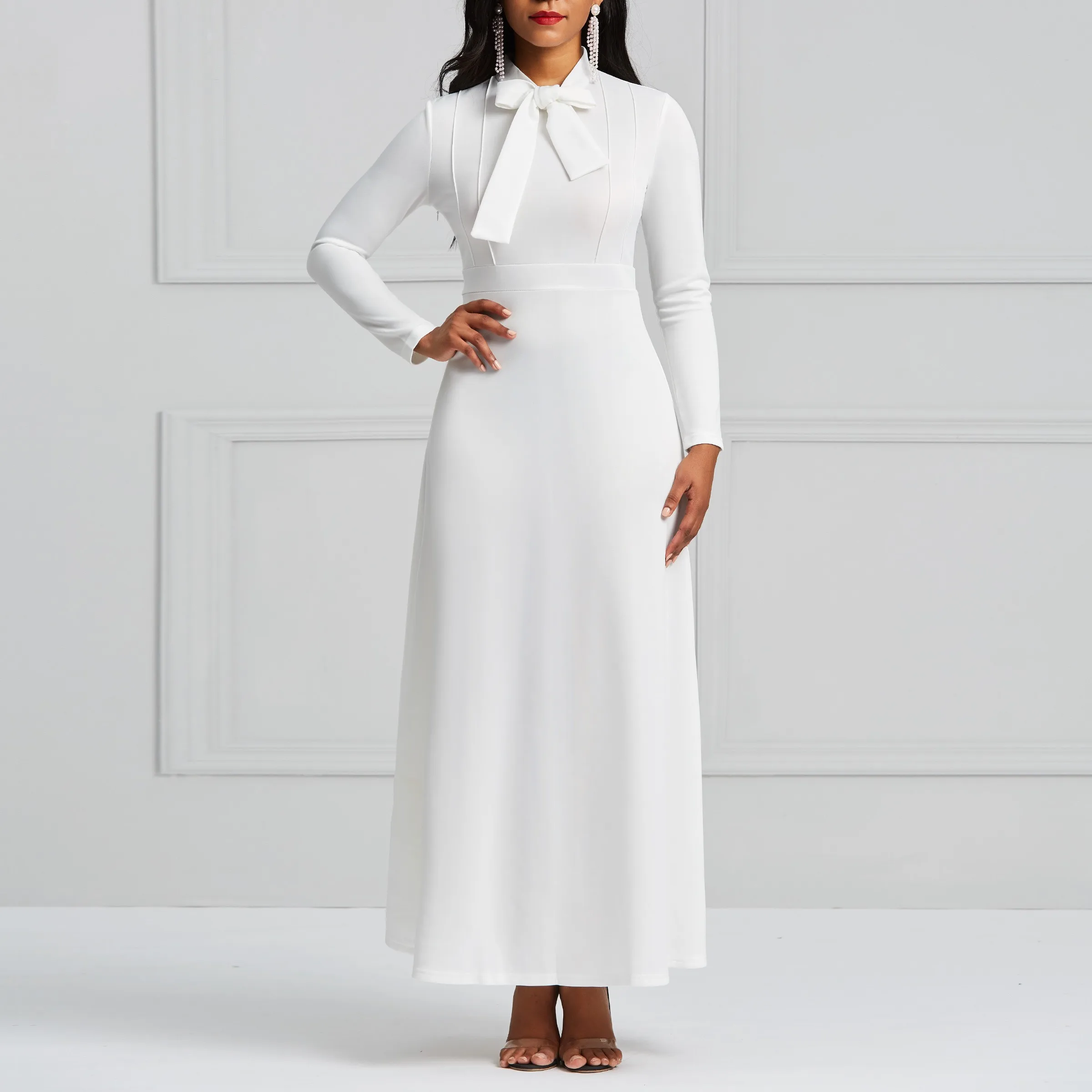 Clocolor White Long Dress Women Antumn Spring Long Sleeve Bowknot Plain