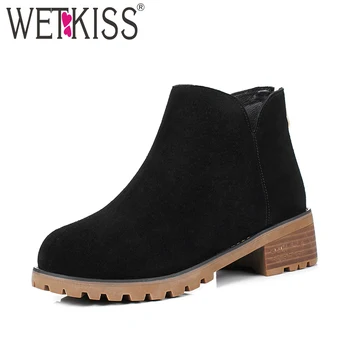 

WETKISS Spring Ankle Boots Women Fashion Square Thick Heels Ladies Shoes Zipper Round Toe Cow Suede Footwear Big Size 2018
