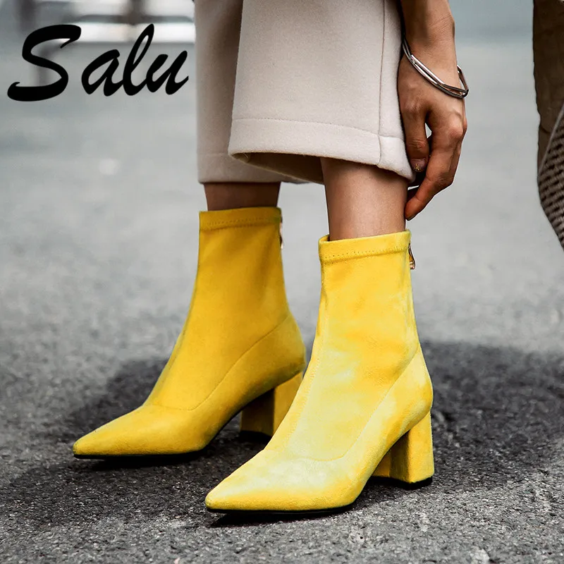 

Salu Kid Suede Leather Women Ankle Boots Pure Color Cow Suede Elastic Mouthpiece Spring Autumn Hot Sale Shoes Woman Size 42 43