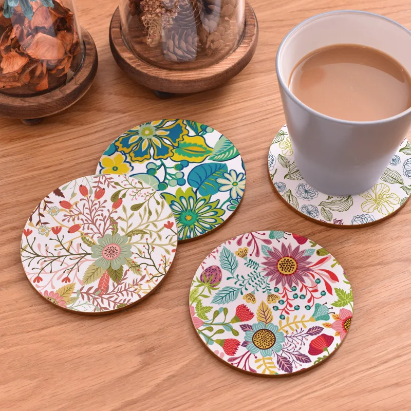 Table Mat Round Dining Table Placemats Square Wooden Cup Pad Cork Flowers Insulation Mat Round Coasters Pad Coaster Kitchen Mat