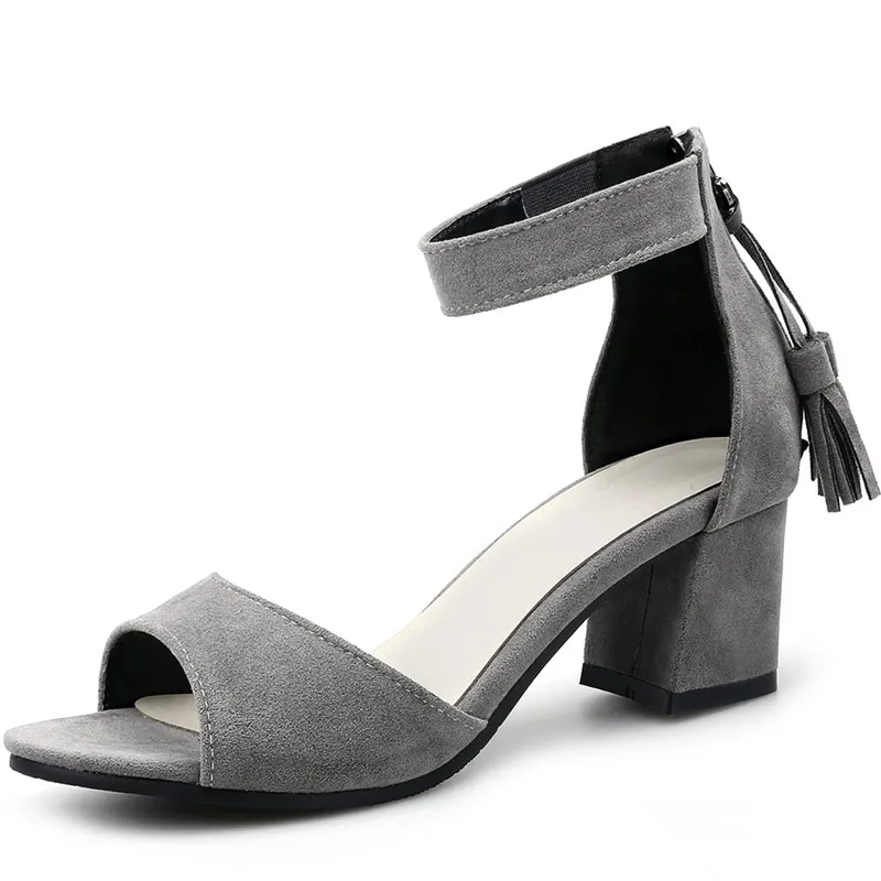 

Plus size 34-43 Fashion Casual Women Sandals Summer Open Toe Ankle Strap Cover Heel Chunky Square High Heels Fringe Ladies Shoes