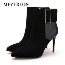 MEZEREON Для женщин сапоги высокий тонкий каблук натуральная женская кожаная обувь Элегантные ботильоны с пряжкой Весенне-осенние ботильоны с заостренным носком