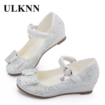 

ULKNN Party Girls Shoes Children Sandals Wedge Princess Shoes Glitter Rhinestone Leather Butterfly Knot For Girls Baby Kids