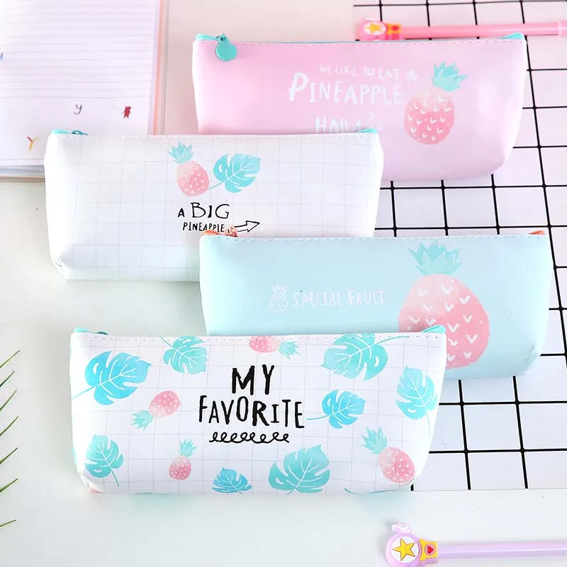 

Cute Fruit Green leaf Pencil Case for girls PU Leather Pencil Bag pen box Stationery pouch gift School Supplies Zakka