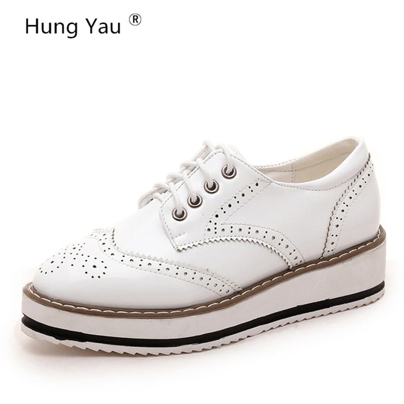 

Hung Yua Flats Shoes For Women Lace-Up Casual Brogue Shoes Creepers Platform Female Leather Oxford Shoes Black White Size US 8