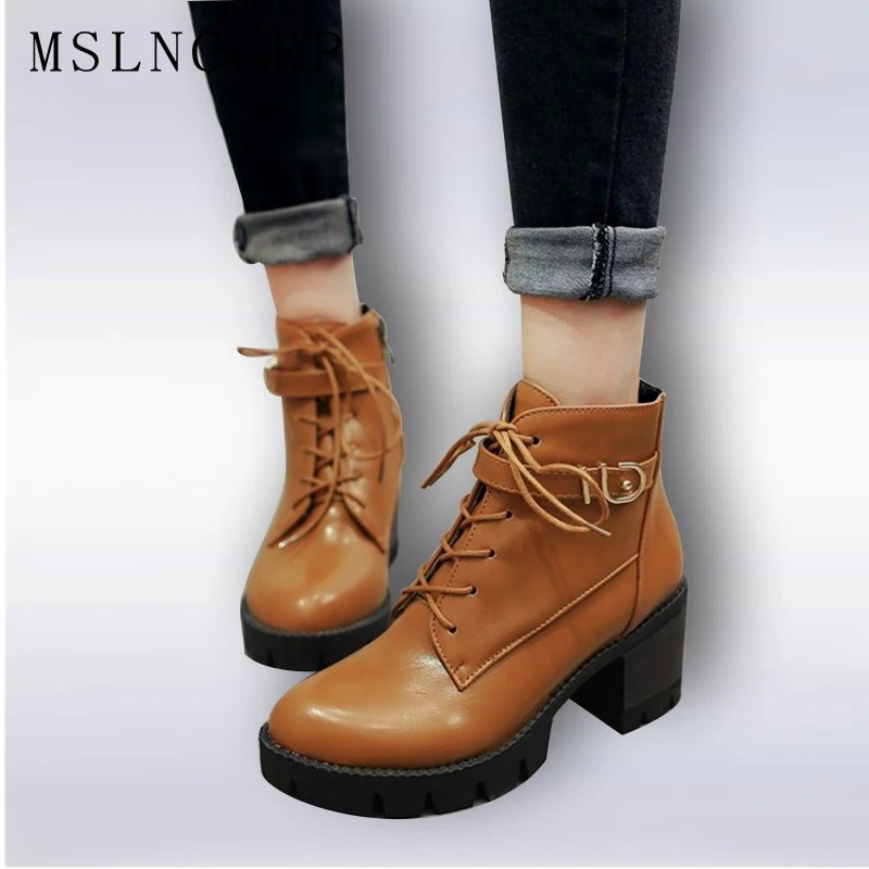 

Fashion Women Ankle Boot Square High Heels Short Boots Autumn Winter Boots Shoes Woman Zip Lace-Up Martin Boots Plus Size 34-43