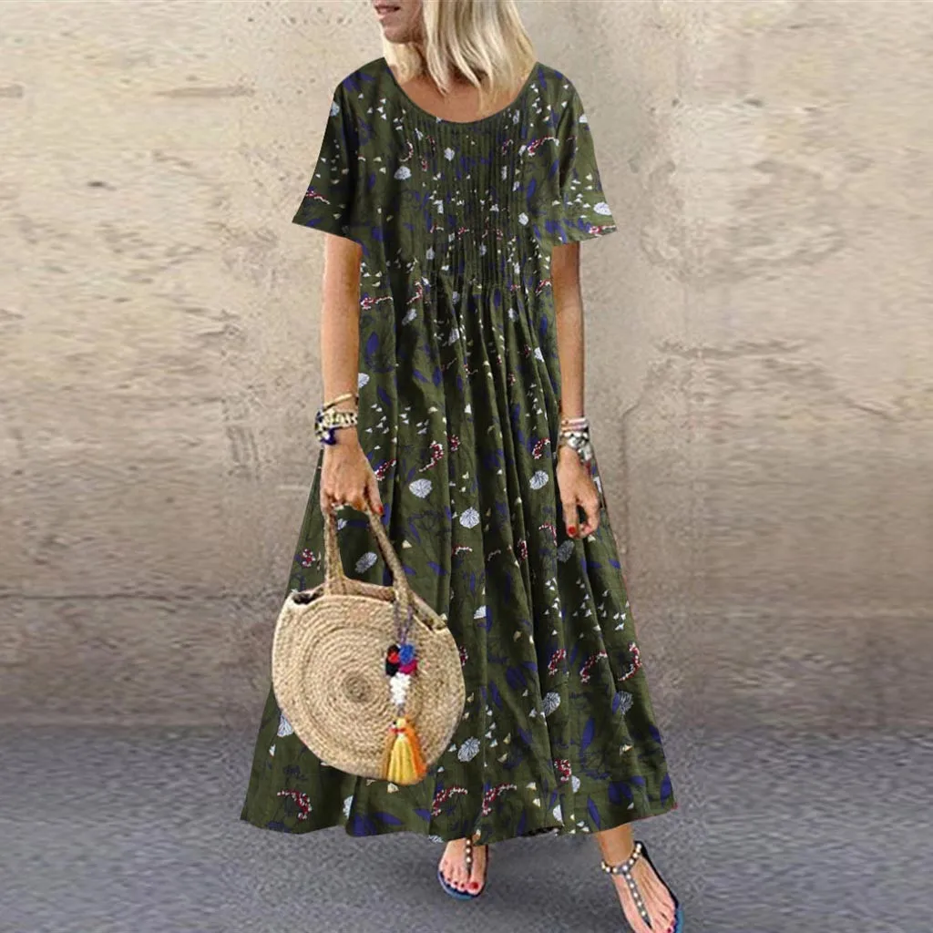 Women Summer Dress Pleated Leaves Floral Print O-Neck Short Sleeve Vintage Maxi Dress Female Fashion Vestidos Plus Size M40