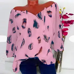 Летняя Блузка женские топы Модные повседневные с коротким рукавом перо печать v-образным вырезом блузка пуловеры Топы Рубашки Плюс Размер