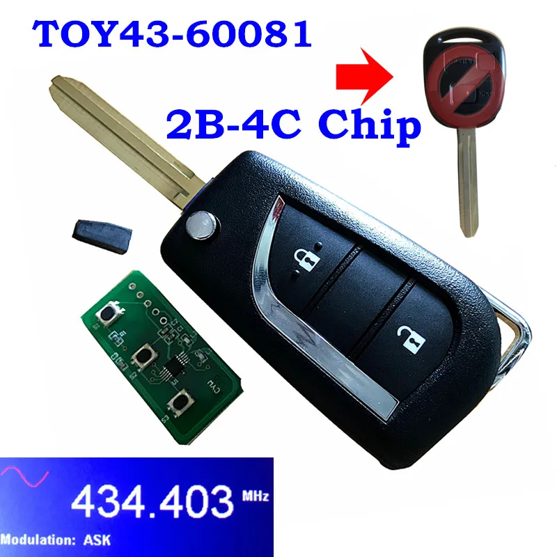 Для Toyota Avensis Prado 120 RAV4 Kluger 2 кнопки обновлен флип дистанционный ключ-брелок от машины 433 МГц 304.2Mh 4D67 4C чип 50171 60030 60081