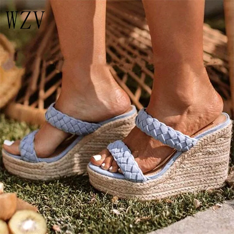 

2019 Weaving Thick Bottom Wedge Women Slippers Open Toe Slide Shoes Ladies Casual High Heels Platform Braid Woman Shoes H152