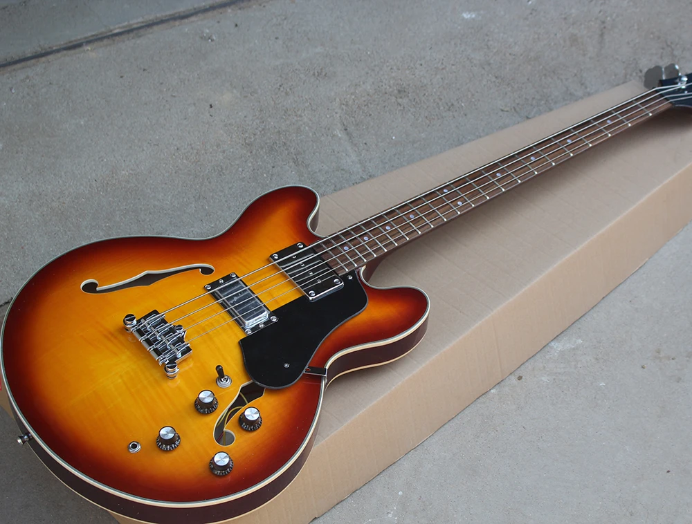

actory 4 Strings Cherry Sunburst Electric Bass Guitar with Chrome Hardware,White Binding Body,Black Pickguard,Can be Customized