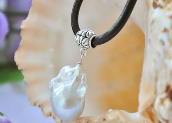 

Free shipping Huge 17" WHITE baroque keshi reborn pearl pendant leather necklace (C0309)