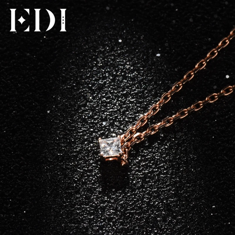 EDI Classic 0.1ct Princess Cut Natural Diamond Wedding Pendant For Women 18K Solid Rose Gold Pendant 16' Necklace Chain Jewelry