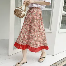 Летние цветочные шифоновые юбки пэчворк с цветочным принтом шикарные плиссированные до середины икры длинные юбки красный зеленый юбки из