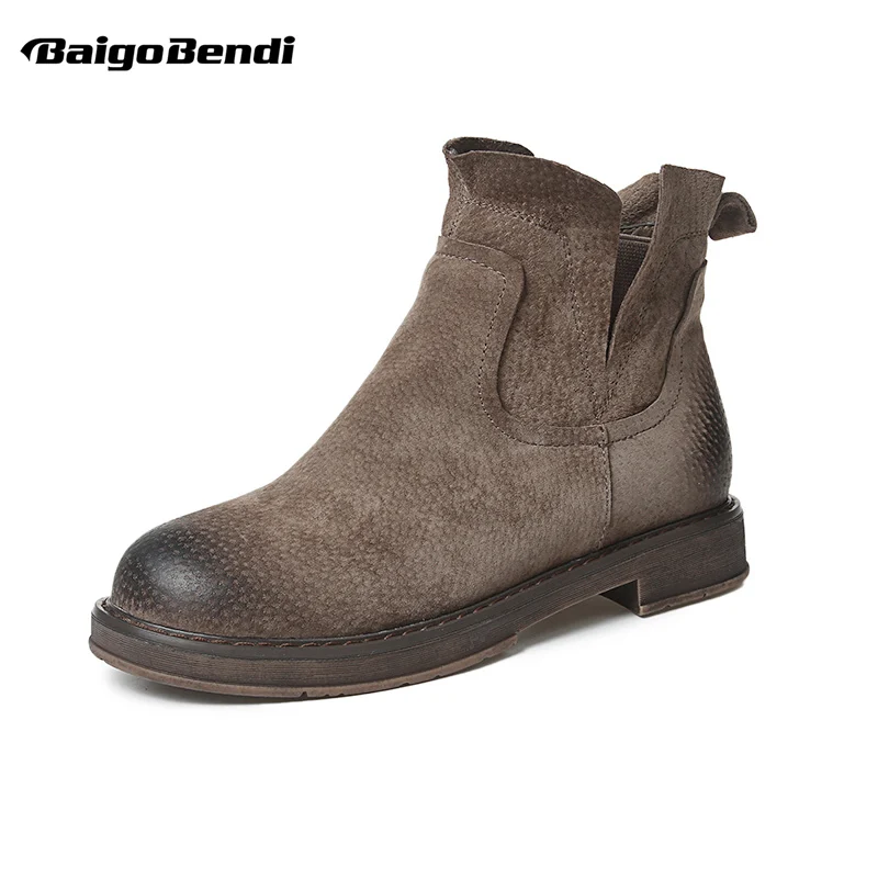 

Woman Cow Suede Leather Ankle Boots Casual Slip On Military Riding Boots Ladies Round Toe Winter Flat Boots